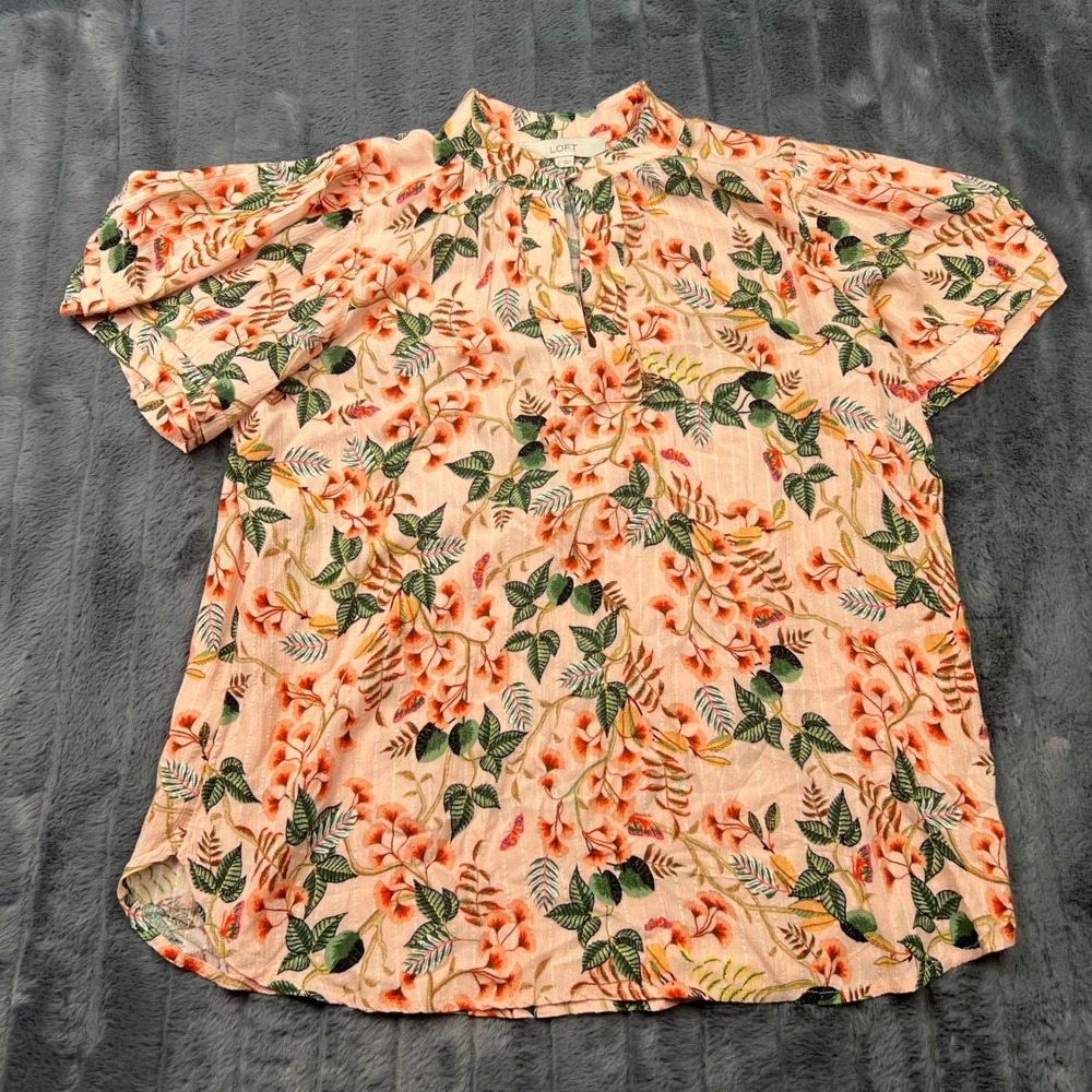 LOFT Pink Floral Metallic Stripe Short Sleeve Split Neck Blouse Top Small 12030